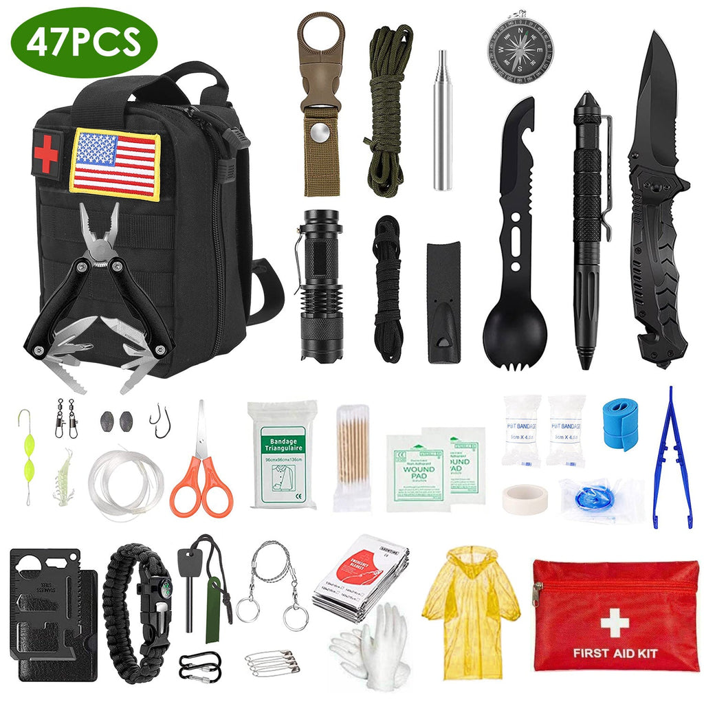47Pcs Lost Dad Emergency Survival Kit Survival EDC Gear Equipment Tool First Aid Supplies Kit Tools with Pouch for Hiking Hunting Disaster Camping Adventure
