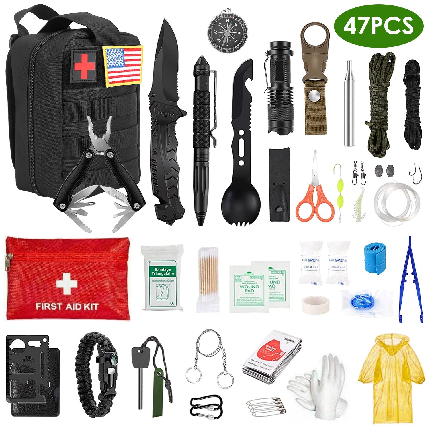 47Pcs Lost Dad Emergency Survival Kit Survival EDC Gear Equipment Tool First Aid Supplies Kit Tools with Pouch for Hiking Hunting Disaster Camping Adventure