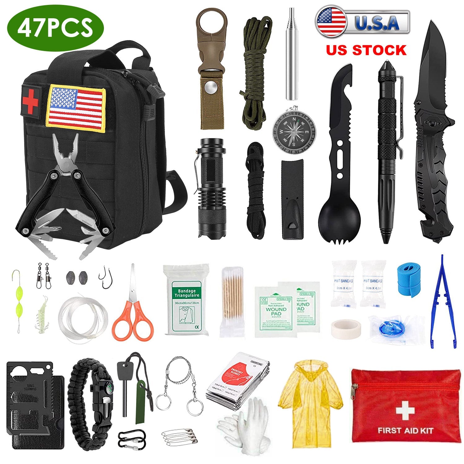 47Pcs Lost Dad Emergency Survival Kit Survival EDC Gear Equipment Tool First Aid Supplies Kit Tools with Pouch for Hiking Hunting Disaster Camping Adventure