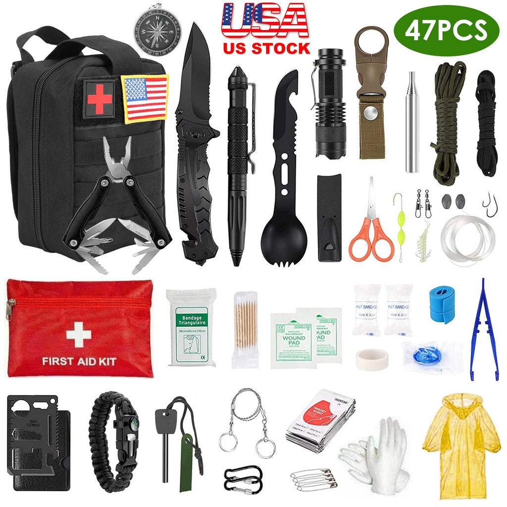 47Pcs Lost Dad Emergency Survival Kit Survival EDC Gear Equipment Tool First Aid Supplies Kit Tools with Pouch for Hiking Hunting Disaster Camping Adventure