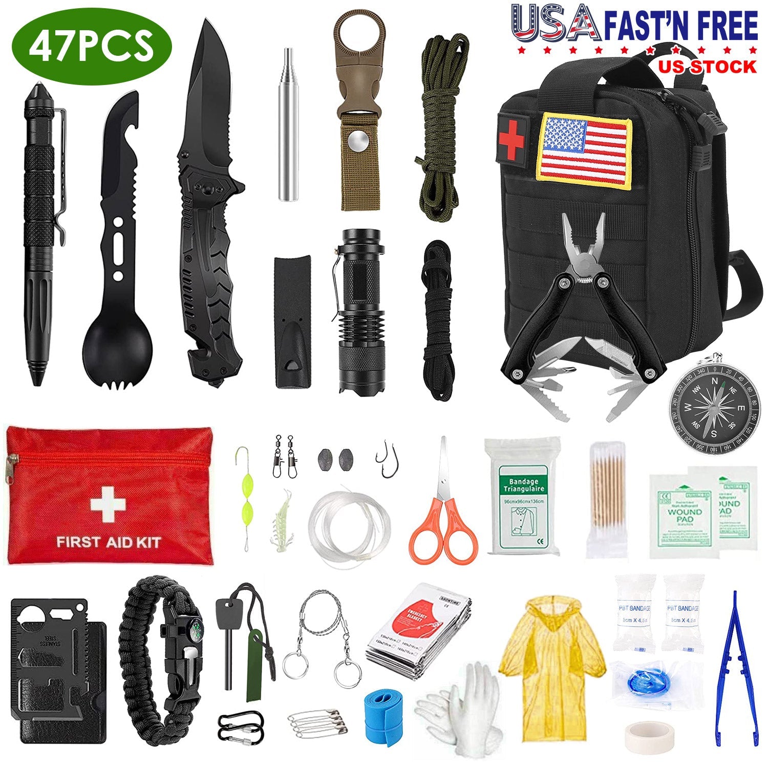 47Pcs Lost Dad Emergency Survival Kit Survival EDC Gear Equipment Tool First Aid Supplies Kit Tools with Pouch for Hiking Hunting Disaster Camping Adventure