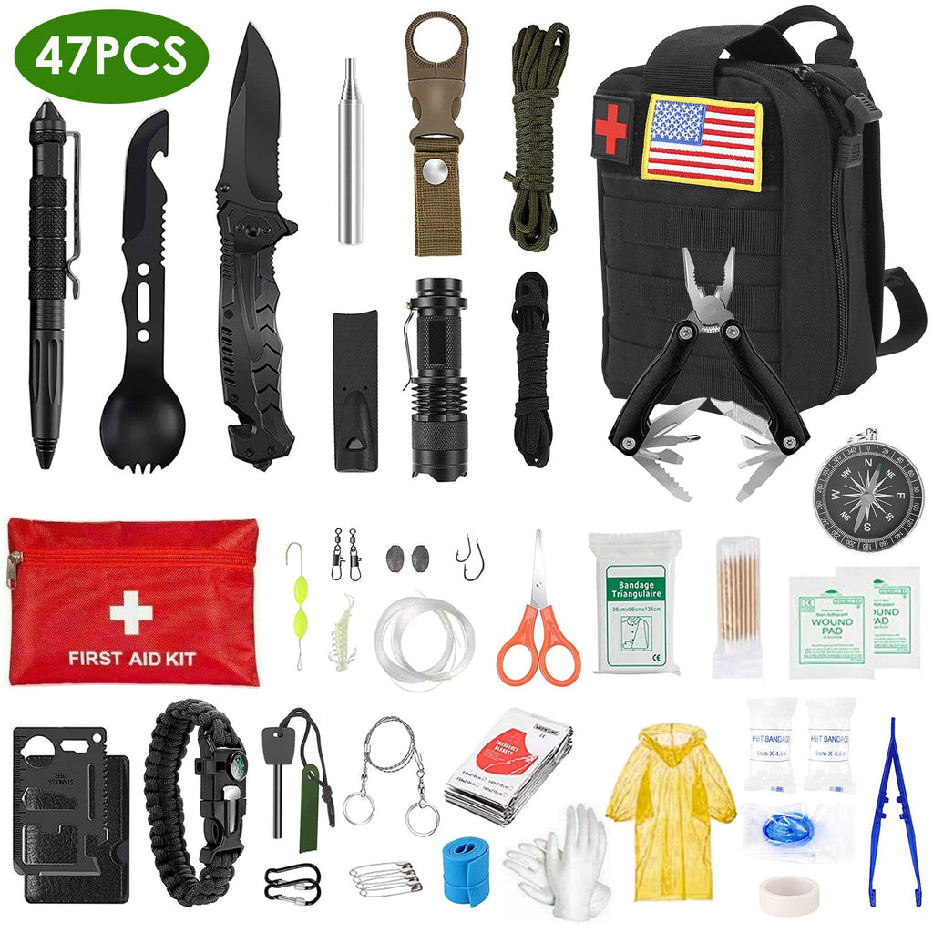 47Pcs Lost Dad Emergency Survival Kit Survival EDC Gear Equipment Tool First Aid Supplies Kit Tools with Pouch for Hiking Hunting Disaster Camping Adventure